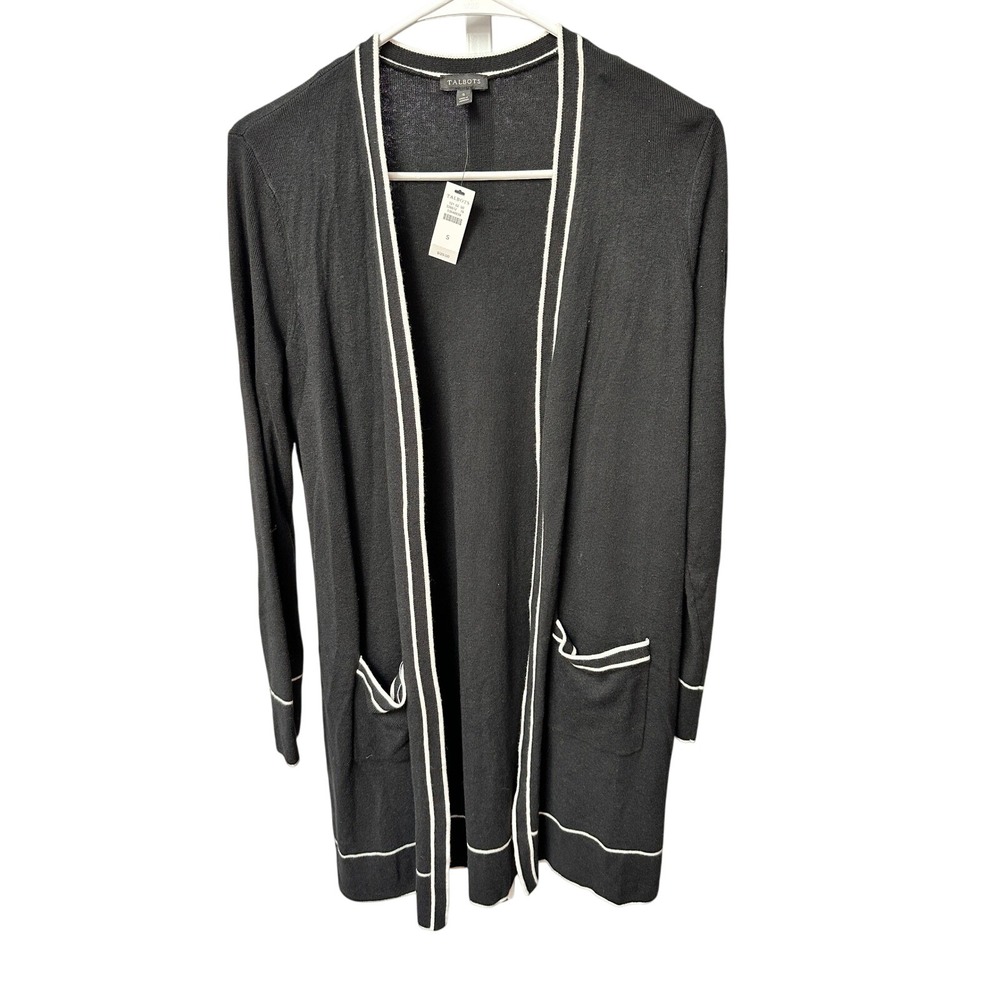 Talbots Black Cardigan Sweater White Trim Open Front Pockets Womens Small